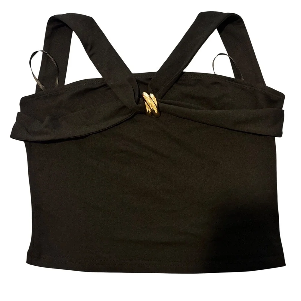 Commense Halter Top Women Medium Black Crossover Gold Ring Hardware Sleeveless - Picture 3 of 6